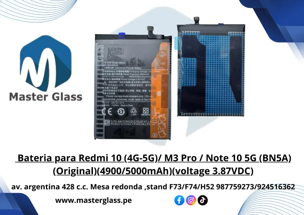  Bateria para Redmi 10 (4G-5G)/ M3 Pro / Note 10 5G (BN5A)(4900/5000mAh)(voltage 3.87VDC)
