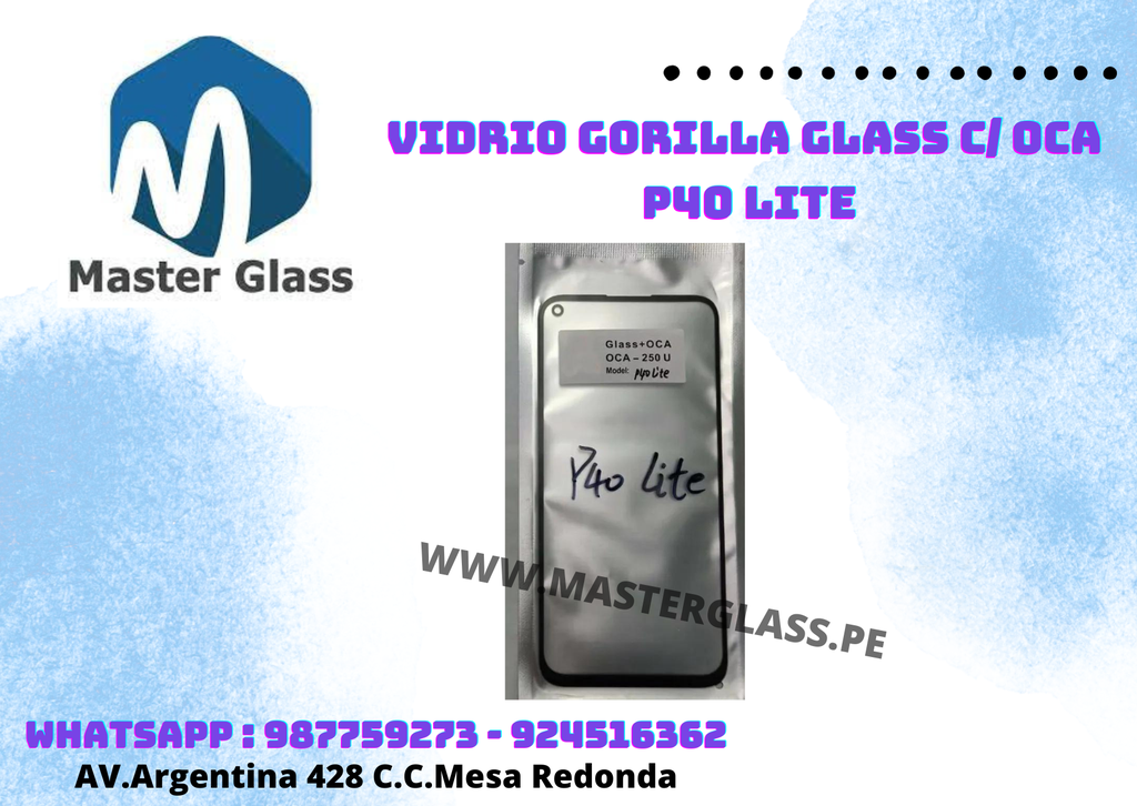 Vidrio Gorilla Glass C/ Oca Huawei P40 Lite