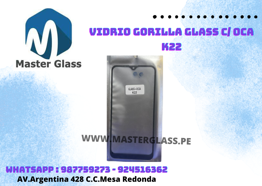 Vidrio Gorilla Glass C/ Oca LG K22