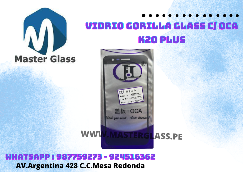 Vidrio Gorilla Glass C/ Oca LG K20 plus