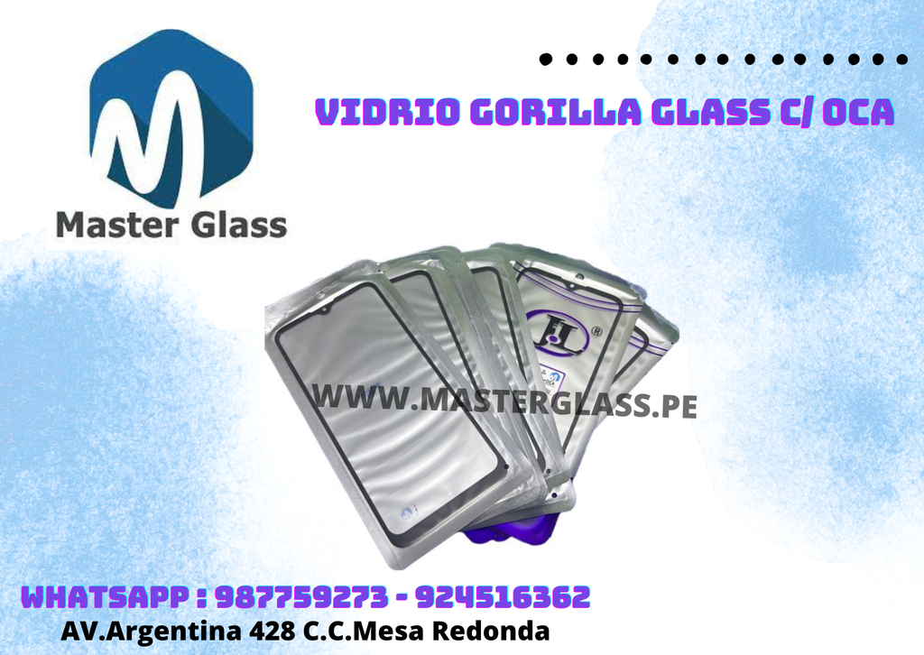 Vidrio Gorilla Glass C/ Oca  Realme 6i/ C3/C21Y/OPPO A11/A55/HONOR X6S