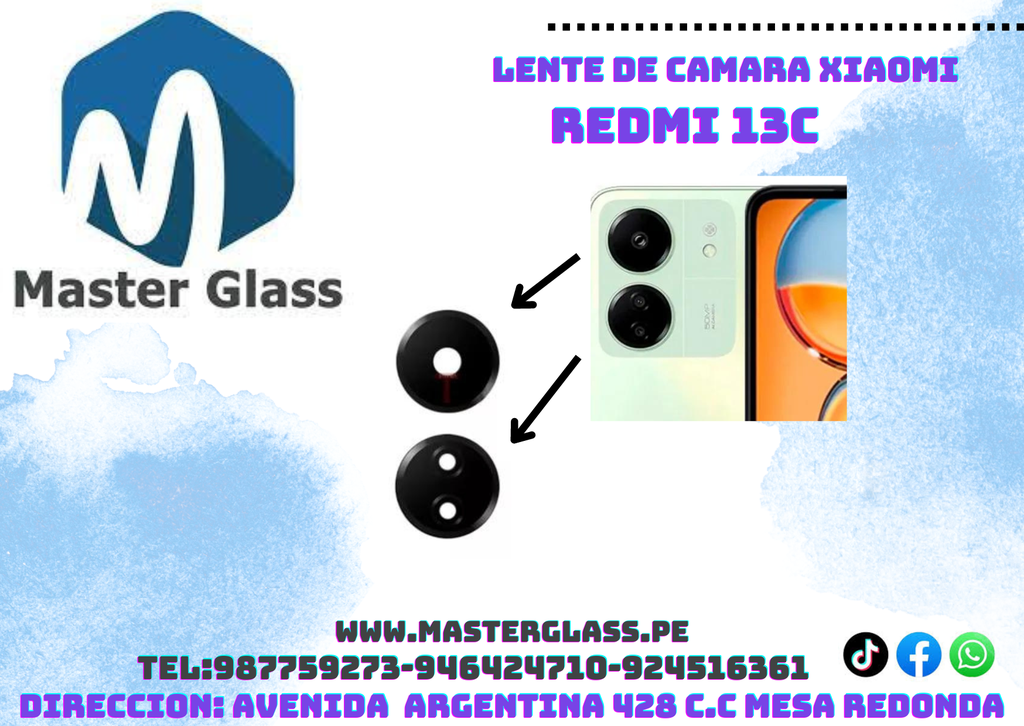Lente de Cámara Xiaomi Redmi 13C / Honor X5 Plus (X2) ZTE A34 (lente superio)