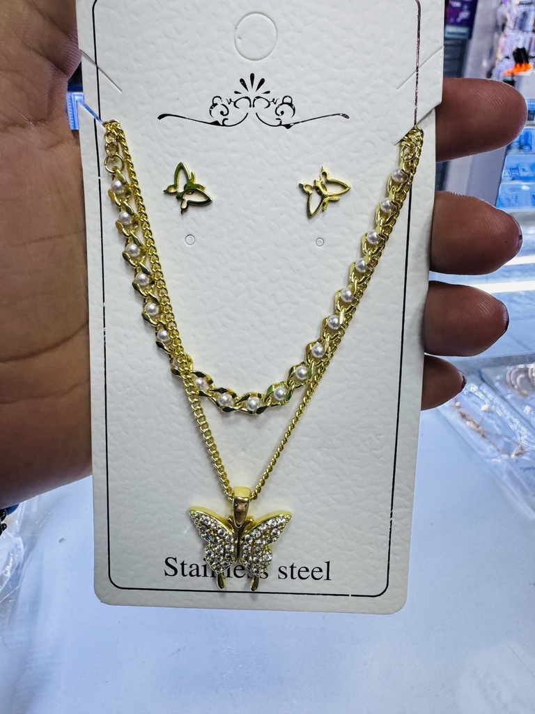 X-JUEGO DE ACERO ANTIALERGICO CON COLLAR Y ARETE DE MARIPOZA